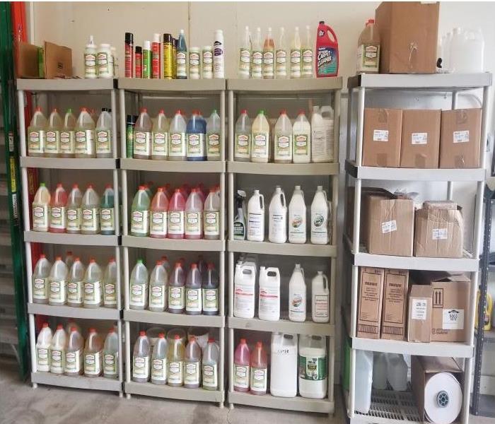 Shelves with cleaning products