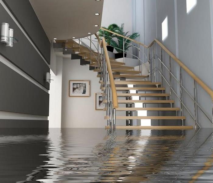 Flooded office building staircase
